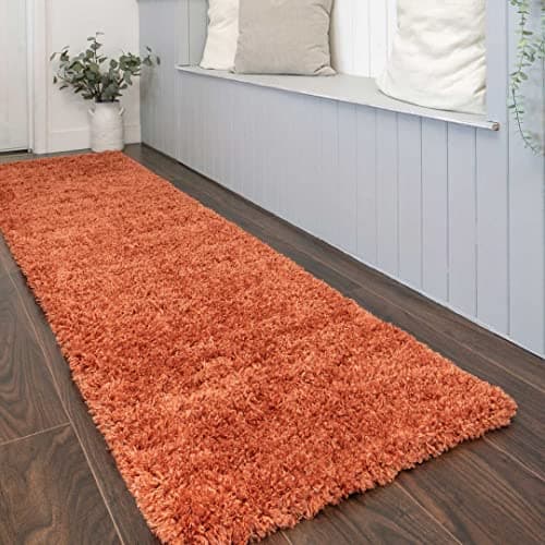 Image of Thick Pile Modern Burnt Orange Shaggy Runner Rugs Long Hallway Entrance Mat Carpet Soft Fluffy Lounge Living Room Bedroom Area Rug 60cm x 240cm
