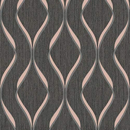 Image of Heavyweight Vinyl Indra Wave Wallpaper Geometric Charcoal and Rose Gold Sample
