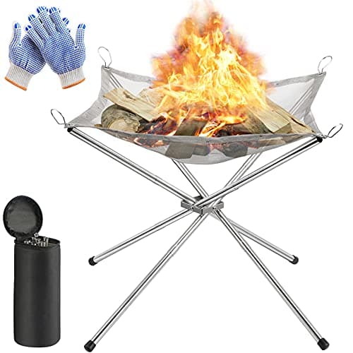 Image of Portable Fire Pit for Camping, Outdoor Folding Firepit Fireplace with Heat Resistant Gloves & Carrying Bag, Stainless Steel Mesh BBQ Fire Bowl for Picnics, Bonfire, Patio, Backyard and Garden