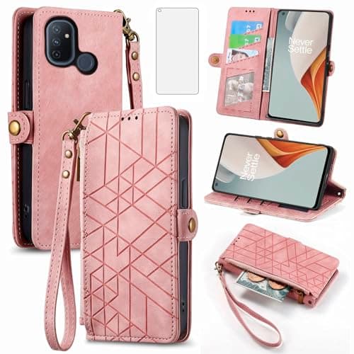 Image of Asuwish Phone Case for OnePlus Nord N100 Wallet Cover with Tempered Glass Screen Protector and Flip Zipper Credit Card Holder Stand Cell One Plus N 100 4G 1 Plus 1plus One+ 1+ 100N Women Men Pink