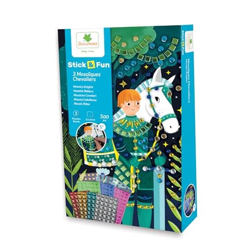 Image of Stick'N Fun - 3 Mini Knights Mosaic Mosaic Craft Kit for Kids with 500+ Foam Stickers and Jewelry, Knights Themed Art Boards - Ages 5+