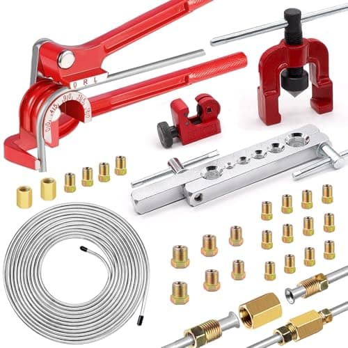 Image of mxuteuk 26Pack 3/16 Inch Brake line kit Include 25 FT Zinc-Plated Brake Lines with Fitting(16pcs Fittings,2pcs Union+4pcs Nut) Brake line Bender,Single Flare Tool,Cutter 3/16 Inch Brake line kit