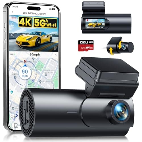Image of GKU 4K Dash Cam Front and Rear, 5GHz WiFi GPS, Dual Car Camera, 1.5” IPS Mini Dashcam for Cars with 64GB SD Card, 24H Parking Mode, Night Vision, WDR, 170° Wide Angle, G-Sensor, App Control, Max 256GB
