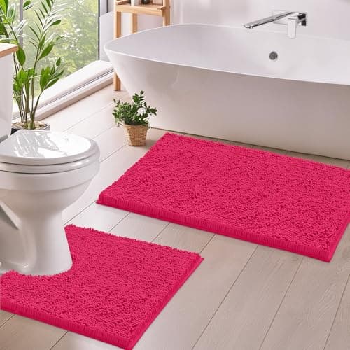 Image of LuxUrux Luxury Chenille (2-Piece) Bath Mat Set, Soft Plush Anti-Slip Rug + Toilet Mat.1'' Microfiber Shaggy Carpet, Super Absorbent (Hot Pink, 80 x 50 cm + U Shaped 50 x 50 cm)