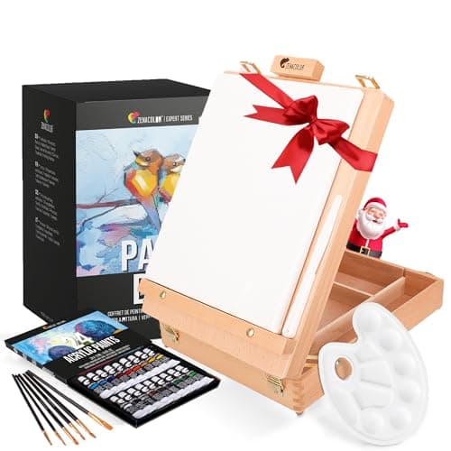 Image of Acrylic Paint Set for Artists - with Box, Wood Easel, 24 Tubes of Acrylic Paints, 6 Paintbrushes, Blank Canvas, Spatula, and Mixing Palette - Portable Travel Kit