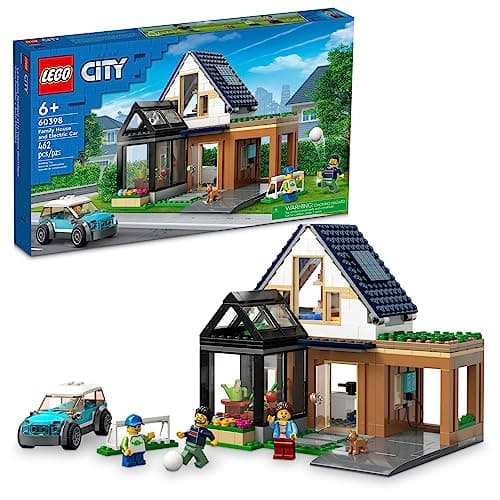 Image of LEGO City Family House and Electric Car 60398 Building Toy Set, Includes a Kitchen, 2 Bedrooms, Greenhouse, Solar Panels Plus 3 Minifigures and a Puppy, Gift Idea for Ages 6+