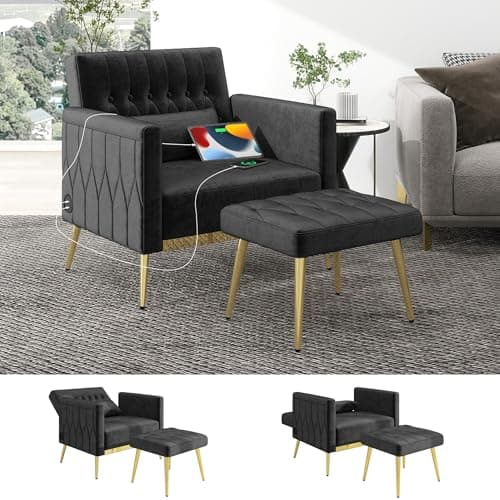 Image of ROCSUMOO Velvet Armchair Chair and Ottoman Set with 2 USB Modern Armchair with Footstool and Lumbar Pillow Comfy Recliner Lounge Chair for Bedroom Living Room Black
