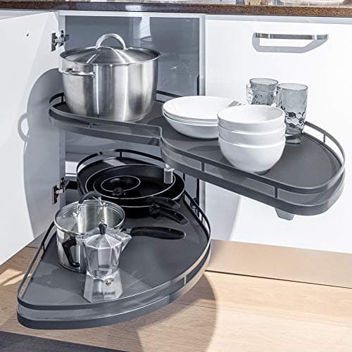 Image of XEMQENER Kitchen Blind Corner Pull-Out Shelving Unit Organizer 2 Tiers Swing Tray for 900-1000mm Cabinet (Grey, Open Right)