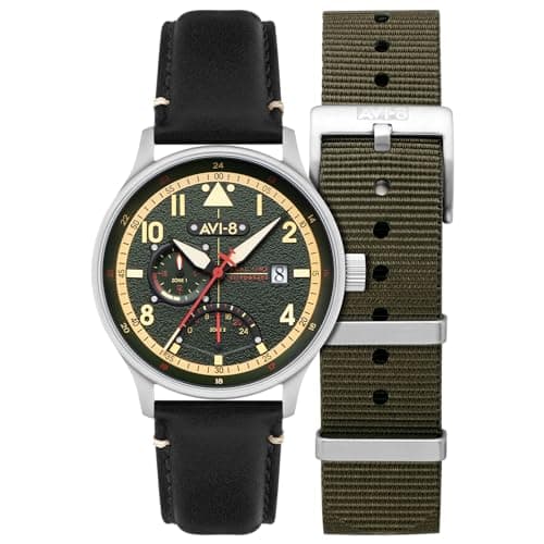 Image of AVI-8 Men's 44mm Hawker Hurricane Mckellar Dual Time Gothic Green Watch with Leather Strap AV-4101-0A