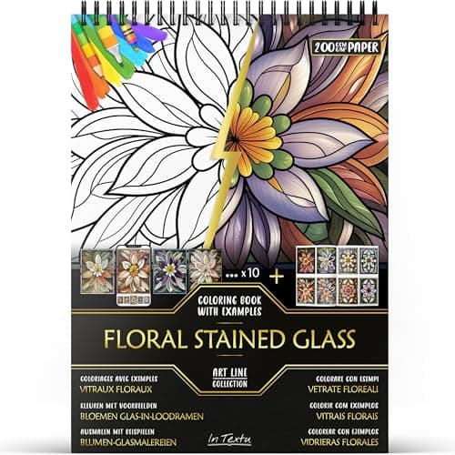 Image of In Textu – Floral Stained Glass – Coloring Book for Adults and Teens with Inspiring Colored Examples – Premium 200 GSM Paper – Fine Spiral Binding – Relaxing and Creative Coloring Book