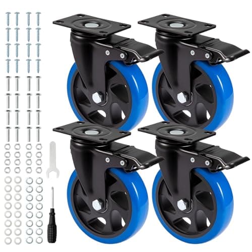 Image of GreenWhim 125MM Heavy Duty Castor Wheels with Brakes Double Bearing PU Swivel Trolley Casters 4 Pack Industrial Plate Casters 800KG Load Capacity