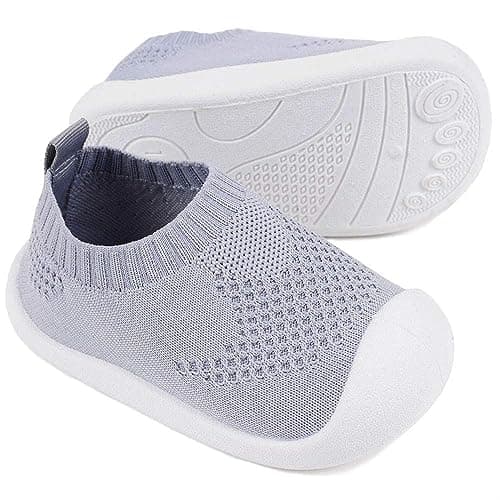 Image of Baby First Walking Shoes 1-4 Years Kid Shoes Boys Girls Trainers Toddler Infant Soft Sole Non Slip Cotton Mesh Breathable Lightweight Slip-on Sneakers Indoor Outdoor Size 4 Grey