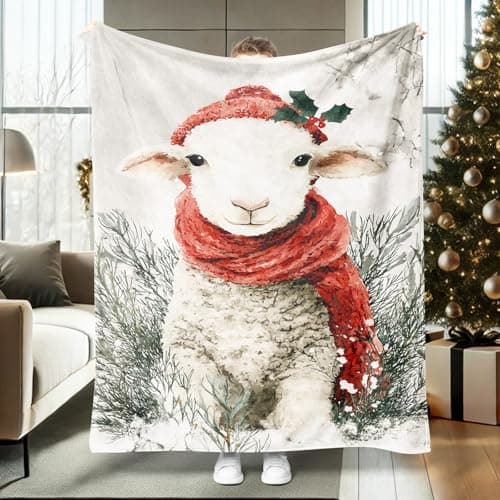Image of asbwuo Sheep Throw Blanket, Christmas Rustic Scarf Holly Xmas Red Fleece Blankets Soft Cozy Decorative for Couch Sofa Bed Recliner Dorm Lap Chair 40x50 Inch