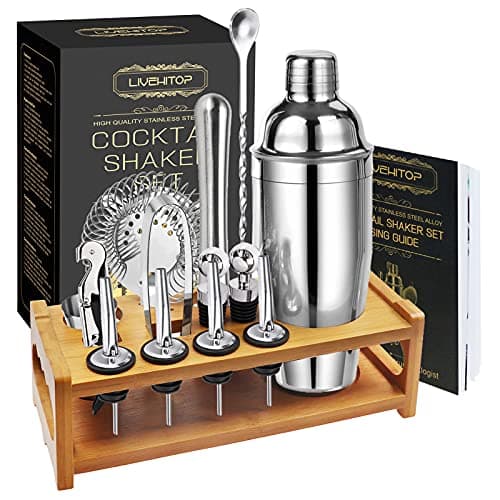 Image of LIVEHITOP Cocktail Shaker Kit with Stand, 15PCS Bartender Set with 750ml Stainless Steel Shaker, Gift Set with Recipe Book for Drink, Home, Bar, Party