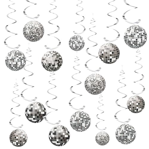 Image of 36Pcs Disco Ball Decorations, Disco Party Decor 70s Disco Ball Hanging Swirls Disco Party Hanging Streamer Silver Ceiling Decor for Retro Disco Fever Party Birthday Party Favors Supplies