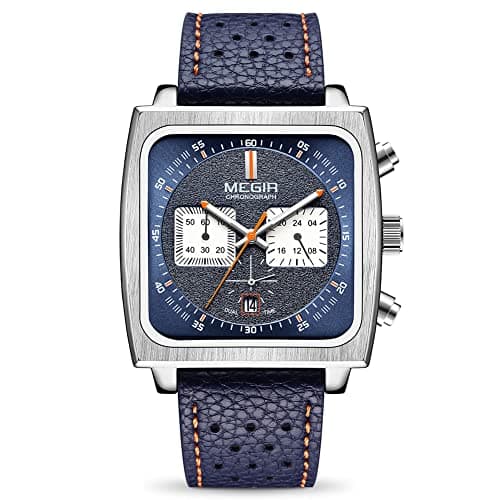 Image of MEGIR Men's Rectangle Business Work Analogue Quartz Chronograph Luminous Sport Wrist Watch with Leather/Stainless Steel Strap 2182G