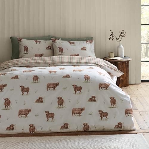 Image of Catherine Lansfield Angus Highland Cow Reversible Double Duvet Cover Set with Pillowcases Natural