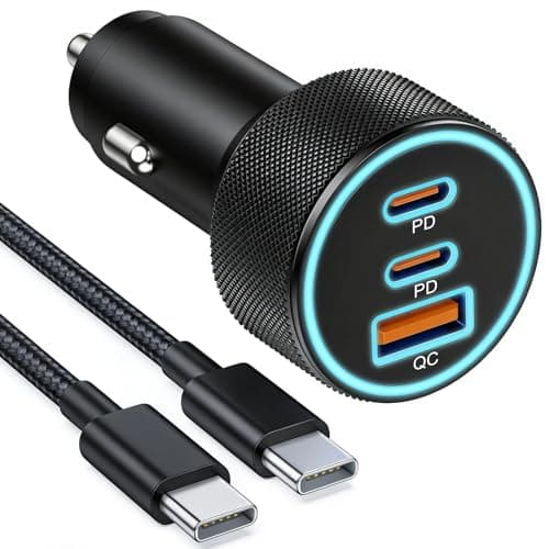 Image of 67W 3-Port USB-C Car Charger with 60W Braided C Cable for Fast Charging, Cigarette Lighter Charger Dual Type-C and USB-A 3.0 Ports, Quick Charge Adapter for iPhone 17 16 15 Pro Max Samsung Galaxy S25