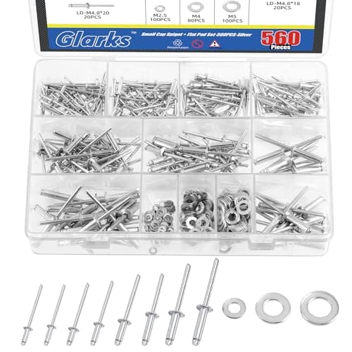 Image of Glarks 560Pcs Silver Blind Rivet Fasteners Kit, 8 Size Aluminum Pop Rivets with 3 Size Backup Washers Assortment Kit for Aviation Automobile Furniture Use