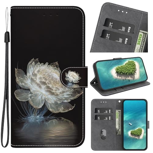 Image of YKTO Case for Motorola Moto E13, PU Leather Flip Wallet Case Magnetic Closure Cover Card Slots Phone Case for Motorola Moto E13,Fluorescent white, luminous, glowing white flowers