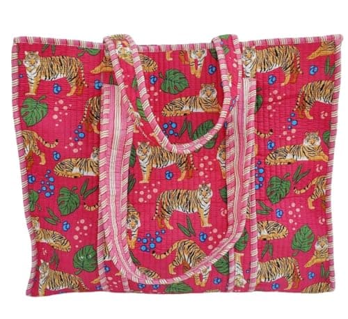 Image of LKGSM RUGS Cotton Tiger Block Print Tote Bag, Indian Handmade Shopping Shoulder Bag, Unisex Market Daily Use, Dn 15, Standard