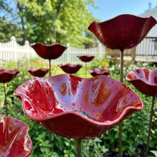 Image of 6 Colors Cast Iron Flower Bird Feeder,Outdoor Bird Feeders,Bee Watering Station,Flower Shapes of Free Standing Bird Feeders,Garden Decoration in Ground (Red, 1pc)