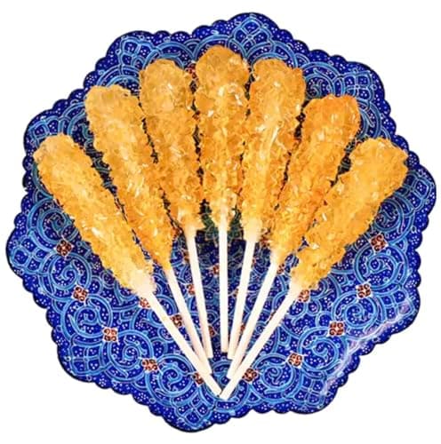 Image of Saffron Rock Candy Sugar with Wood Stick (Nabat Chobi) 12 Sticks – Traditional Sweet Treat for Tea, Coffee, and Desserts – Premium Quality, Natural Flavor نبات