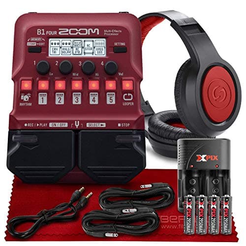Image of Zoom B1 Four Electric Bass Effects Processor Bass Multi-effects Pedal + SR360 Over-Ear Dynamic Stereo Headphones, XPIX Ultra High Capacity Batteries With Travel Quick Charger & Deluxe Accessory Bundle
