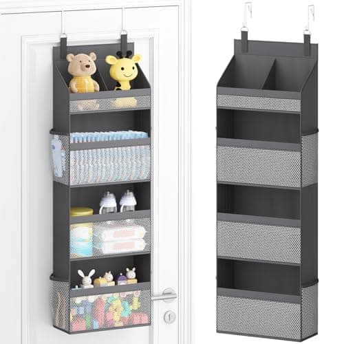 Image of Lifewit Over the Door Storage, 35*14*108.5cm Hanging Organiser Shelves with Large Clear Pockets, Toy Stuffed Animal Storage for Newborn, Nursery, Baby Essentials in Dorm, Pantry, Bedroom, Closet, Grey