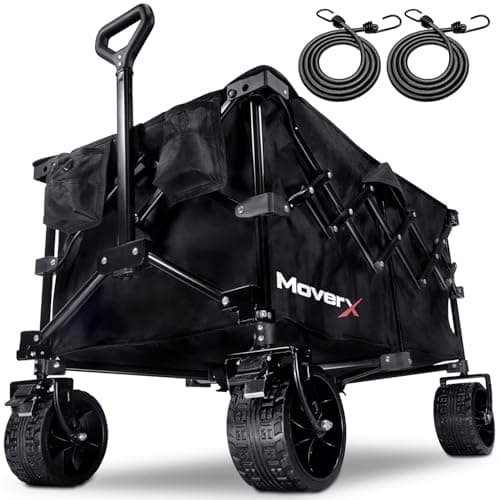 Image of MoverX 200L Festival Trolley on Wheels, Folding Wagon, Portable Camping Cart, Collapsible Foldable Trolly for Beach Outdoor Garden Picnic Shopping Fishing, Wide Wheels, Adjustable Handle, Black