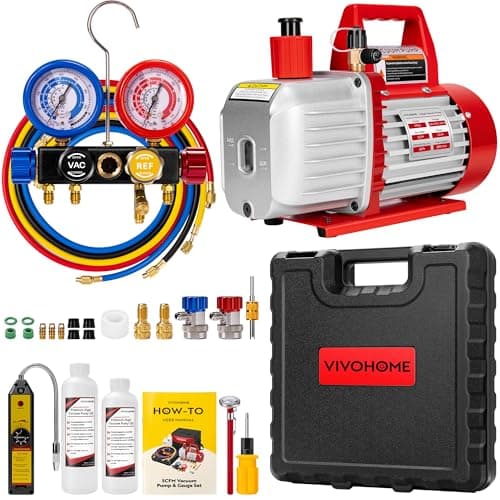 Image of VIVOHOME 1/2HP 5CFM HVAC Vacuum Pump Two Stage for Automotive Air Conditioner, Refrigerant Service And Lab Resin Degassing with Oil Bottle Manual 4-Way Manifold Gauge Leak Detector Hoses