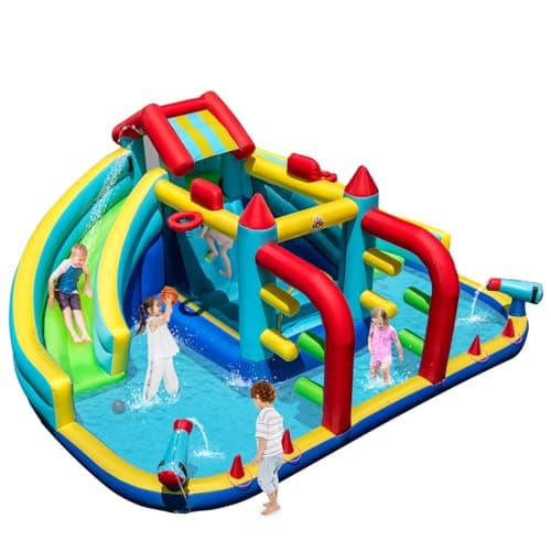 Image of Maxmass Kids Bounce Castle, Inflatable Bounce House with Slide, Climbing Wall, Splash Pool, Trampoline, Water Cannon, Water Park Jumping House Playhouse for Indoor Outdoor (8-in-1 without Blower)