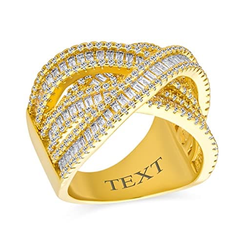 Image of Bling Jewelry Personalize Pave AAA CZ Crossover Criss Cross Costume Faux Stacking Wide Statement Cocktail 4 Row Baguette Multi Band Ring For Women Gold Plated Custom Engraved