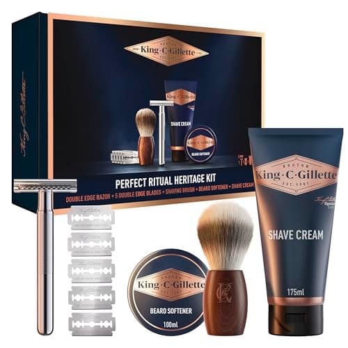 Image of King C. Gillette Men’s Double Edge Safety Razor Set, Platinum Coated Blades, Shaving Brush, Beard Softener and Shave Cream, Precision Wet Shaving Kit, Grooming Gift for Men