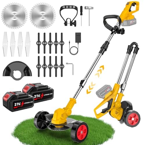 Image of Cordless Strimmer with Support Wheels, Foldable Grass Trimmer 21V, 500W Brush Cutter with 2x 3.0Ah Batteries, 16 Blades, 90° Head, Telescopic Lawn Edger, Compatible with Makita 18V Battery, Garden