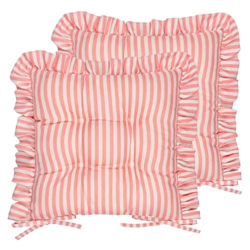 Image of Wylder Millie Ruffle Seat Pads – Pack of 2 – Heritage Stripe Indoor Outdoor Dining & Patio Chair Cushions with Ties (Pink - 40x40cm)