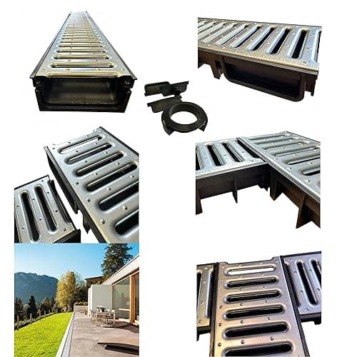 Image of 6 x Black channel with galvanised Steel Grate Ultra Low Profile Shallow Flow Drain Plastic Grating 50mm Deep x 1m Length x 125mm Width Drainage Channel suitable for Garden Patios and Driveways