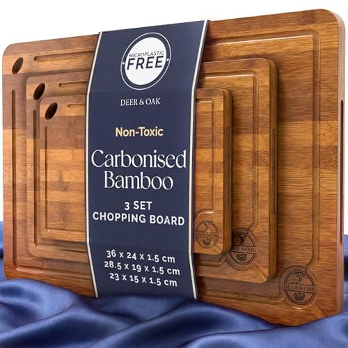 Image of Deer & Oak 3-Piece Carbonised Bamboo Chopping Board Set – Pre-Oiled Large, Medium, & Small Sizes Wooden Chopping Boards for Kitchens with Side Handle and Hanging Hole