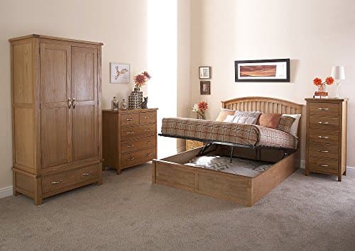 Image of GFW Madrid Wooden Oak Ottoman Double Bed Frame, Under Mattress Support Board With Thick Wooden Sprung Slats And Underbed Storage. 201 (L) x 150(W) x 144cm (H)