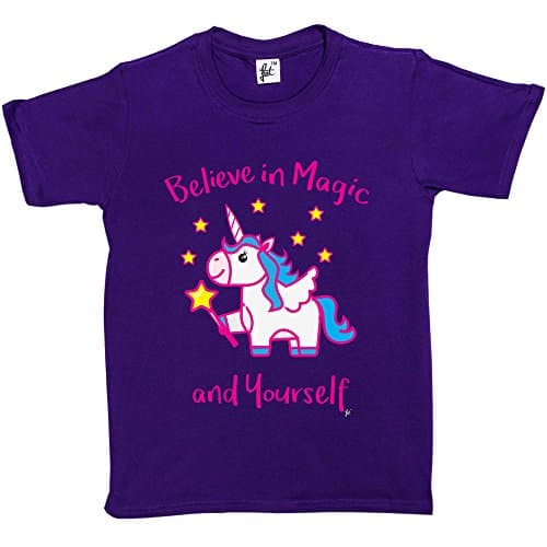 Image of Fancy A Snuggle Believe in Magic & Yourself Unicorn with Wand & Stars Kids Girls T-Shirt Purple 9-11 Year Old