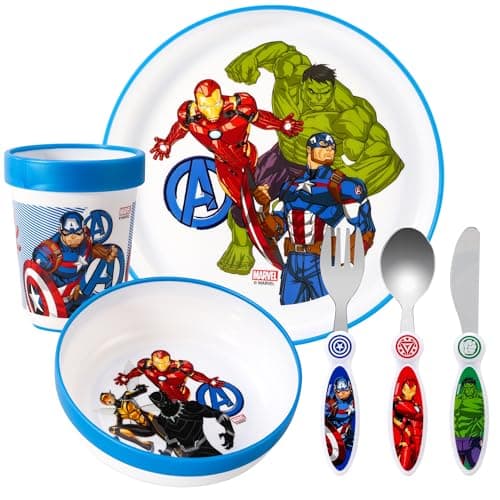 Image of Kids 6 Piece Reusable Dinner Set - Plate/Bowl/Cup/Knife/Fork/Spoon - Childrens Dinnerware Tableware Cutlery Set (Avengers)
