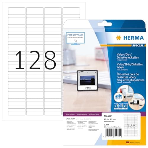 Image of HERMA Self Adhesive Slide Labels, 128 Labels per A4 Sheet, 25 Sheets, 43.2 x 8.5 mm, 3200 Labels, Blank Mini Micro Labels Stickers, Sticky Labels for Laser & Inkjet Printer, White