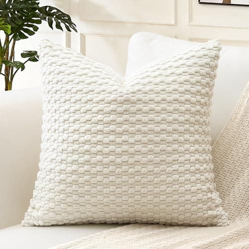 Image of Artscope Pom Poms Decorative Corduroy Cushion Cover 55x55cm Super Soft Boho Striped Square Pillow Covers Case Geometric for Sofa Couch Bedroom Car Decor Set of 1, Cream Beige