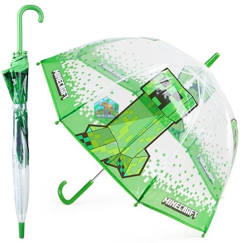 Image of Minecraft Stick Umbrella for Kids, Transparent Clear Dome with J-Shaped Handle (Green/Transparent)