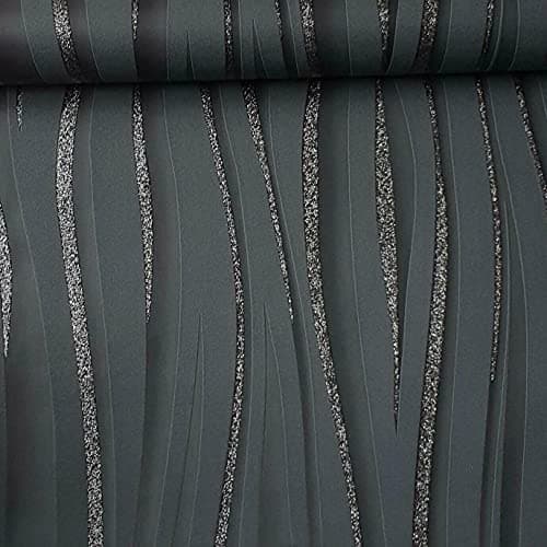 Image of SOPHIE LAURENCE Luxury 3D Glitter Sparkle Textured Wave Stripe Vinyl Charcoal Black Wallpaper for Living Room Bedroom