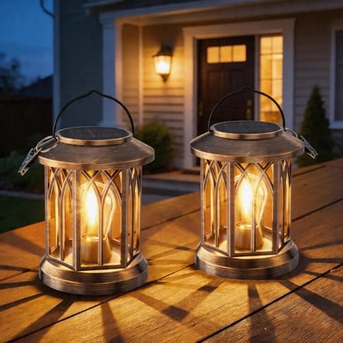 Image of BUCASA Solar Lights Outdoor Garden, 2 Pack Hexagonal Vintage Solar Lanterns with LED Buld, Clip, 12H Runtime Garden Ornaments Outdoor Lantern Light, Waterproof Decorative Lighting for Table Yard Patio