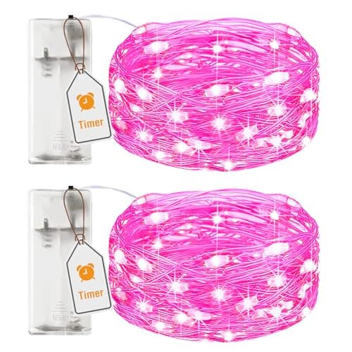 Image of btfarm 2 Pack Fairy Lights Battery Operated with Timer, 2M 20LED Mini Sliver Wire String Lights Waterproof, Small Battery Powered Christmas Lights for Indoor Bedroom Party Jar, Pink
