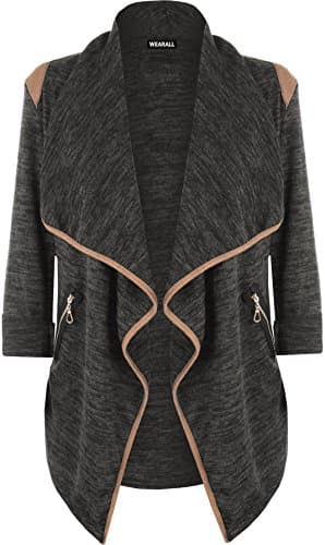 Image of WearAll Women's Knitted Open Zip Pocket Long Sleeve Shoulder Top Cardigan - Black - 8-10