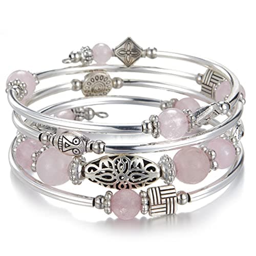 Image of BULINLIN Beaded Silver Bangle Wrap Bracelet for Her, Layered Bohemian Bracelets with Natural Stone, Jewellery Gifts for Women Ladies (Pink)
