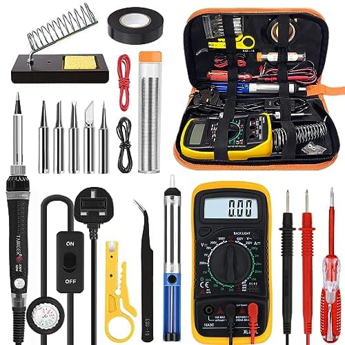 Image of Tabiger Soldering Iron Kit, Soldering Kit with LCD Digital Multimeter, 60W Soldering Iron with 5 Extra Tips, Stand, Desoldering Pump, Solder, Wire Stripper Cutter, Tweezers, Tape, Tool Bag
